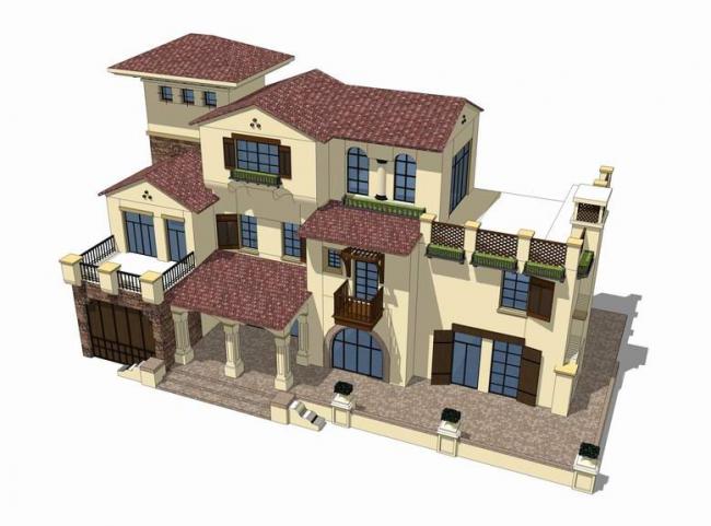 Sketchup别墅模型|独栋别墅,西班牙风格 Sketchup别墅模型|独栋别墅,西班牙风格
