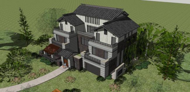 Sketchup别墅模型|独栋别墅,新中式风格 Sketchup别墅模型|独栋别墅,新中式风格