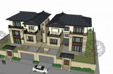 Sketchup别墅模型|双拼别墅,新中式风格,多层,居住建筑-BIM建筑网