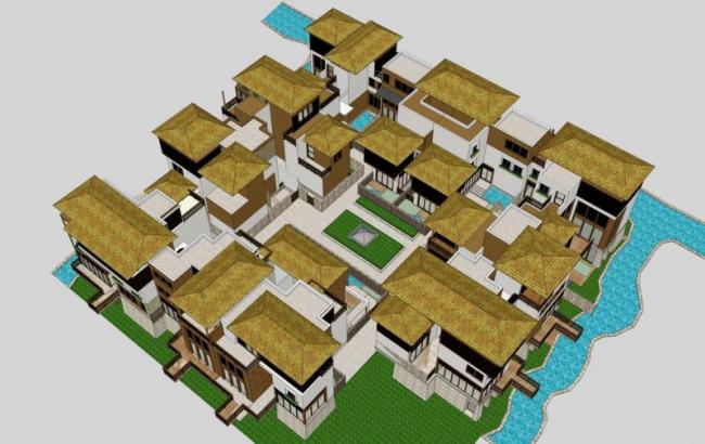 Sketchup别墅模型|联排别墅,东南亚风格 Sketchup别墅模型|联排别墅,东南亚风格