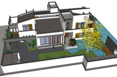 Sketchup别墅模型|独栋别墅,白墙灰瓦,外墙围合,现代中式风格-BIM建筑网