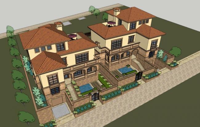 Sketchup别墅模型|双拼别墅,古典风格 Sketchup别墅模型|双拼别墅,古典风格