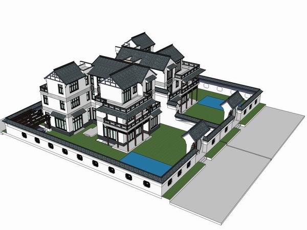 Sketchup别墅模型|双拼别墅,古典风格 Sketchup别墅模型|双拼别墅,古典风格