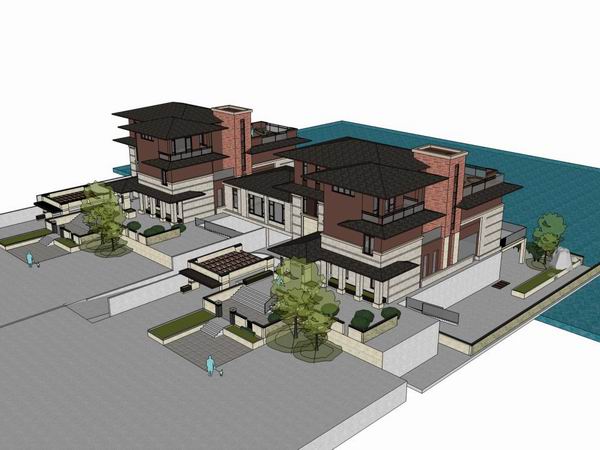 Sketchup别墅模型|双拼别墅,现代中式风格 Sketchup别墅模型|双拼别墅,现代中式风格