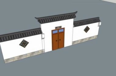 Sketchup素材模型|庭院大门,围墙,中式风格,素材-BIM建筑网