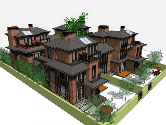 Sketchup别墅模型|双拼别墅,现代中式风格 Sketchup别墅模型|双拼别墅,现代中式风格